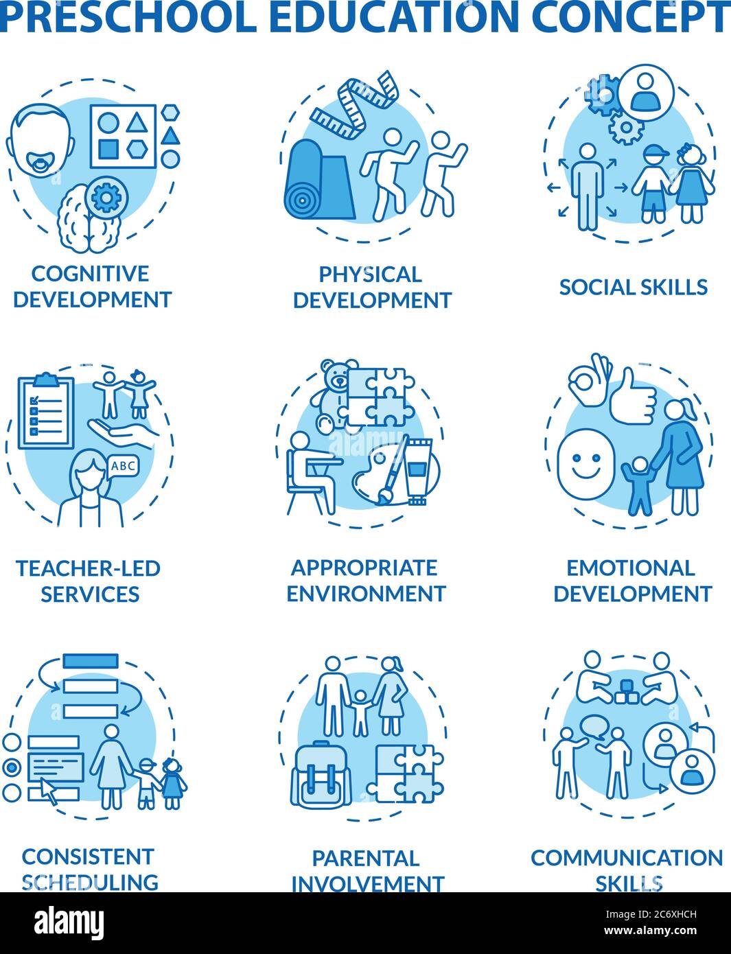 Set di icone di concetto di educazione prescolare per bambini. Sviluppo cognitivo ed emotivo. Genitorialità. Immagine RGB a colori sottile dell'idea della prima infanzia Illustrazione Vettoriale