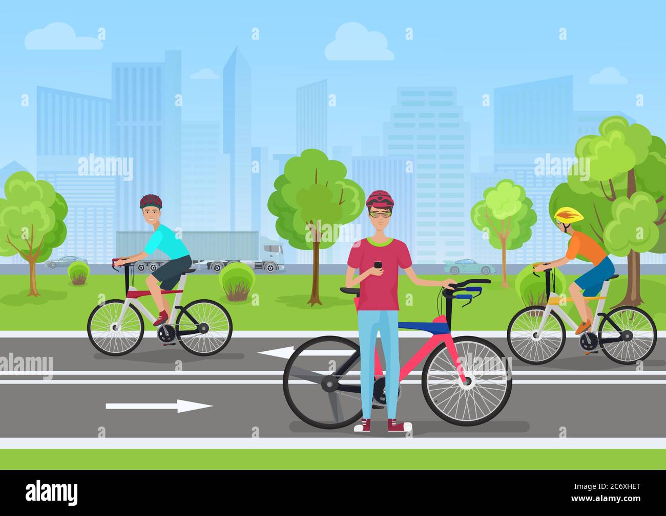 Illustrazione vettoriale dei ciclisti nel parco. Uomo ciclista utilizzando il suo telefono. I ciclisti camminano nel Parco nella moderna città dietro Illustrazione Vettoriale