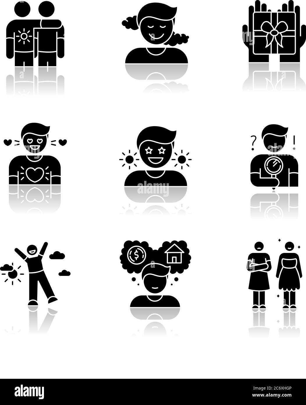 Sentimenti ed emozioni cadere ombra glifo nero icone set. Varie reazioni emotive, psicologia umana. Sentimenti positivi e stati mentali negativi. Illustrazione Vettoriale