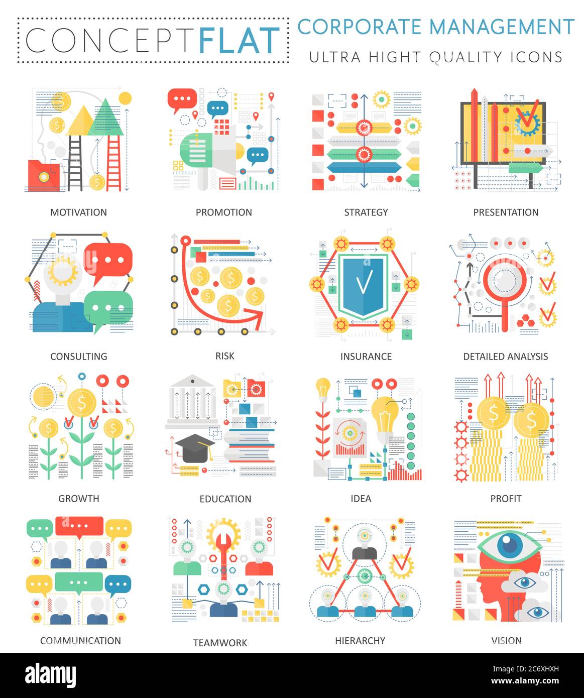 Infografiche mini concept Corporate Management icone per il web. Grafica web di qualità superiore, colore concettuale, design piatto, elementi icone. Strumenti di gestione aziendale concetti Illustrazione Vettoriale