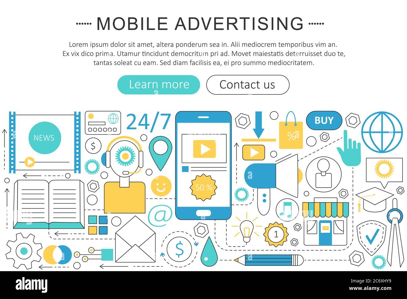 Vettore linea moderna flat concetto di vendita di pubblicità mobile. Icone della tecnologia di pubblicità mobile intestazione del sito Web, banner poster di progettazione delle app Illustrazione Vettoriale