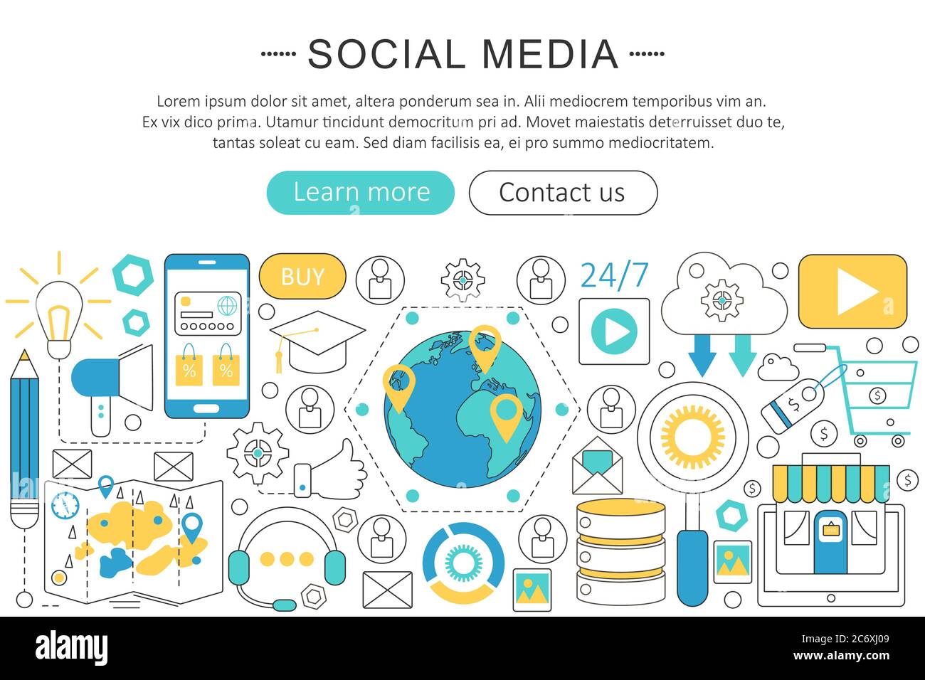 Vector linea moderna flat design concetto di social media. Icone dei social media intestazione del sito Web, banner poster di progettazione delle app Illustrazione Vettoriale