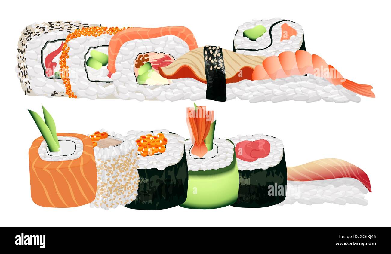 Gruppo di sushi giapponesi di pesce. Nel menu del ristorante si trovano sani sushi asiatici Illustrazione Vettoriale