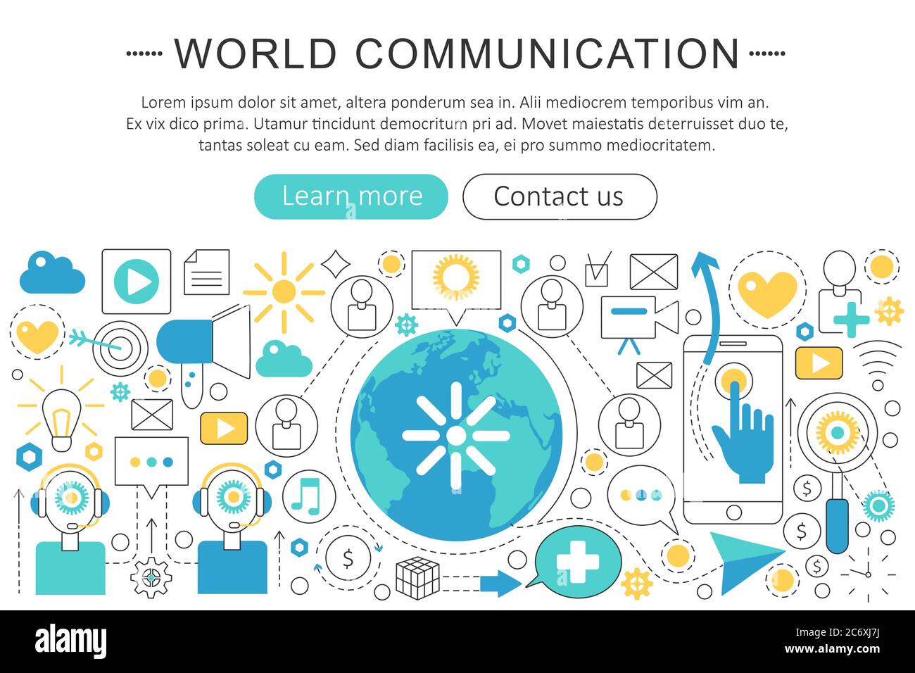 Concetto di comunicazione mondiale su linea piatta sottile Vector elegante. Intestazione Web formato degli elementi del banner di comunicazione mondiale. Presentazione, volantino e poster Illustrazione Vettoriale