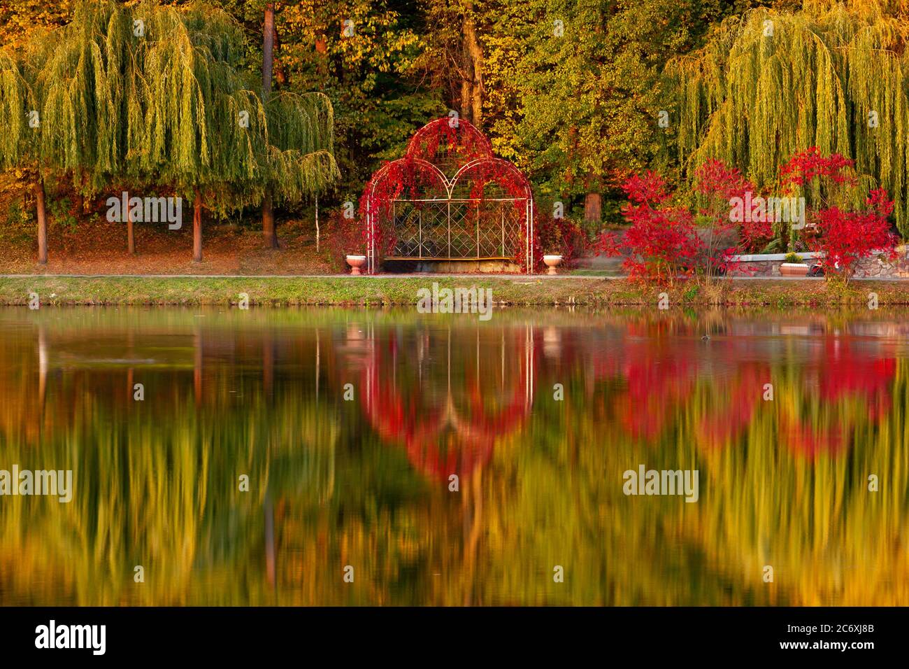 Serata nel parco cittadino d'autunno. Gli alberi si riflettono nello stagno. Ucraina, Kiev. Parco 'Feofania'. Foto Stock