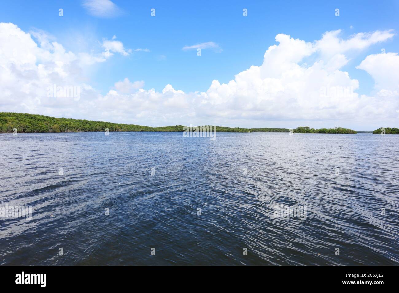 Vista sull'oceano dal Biscayne National Park di Homestead, Florida, Elliot Key in lontananza dal molo, acque cristalline dell'oceano. Foto Stock
