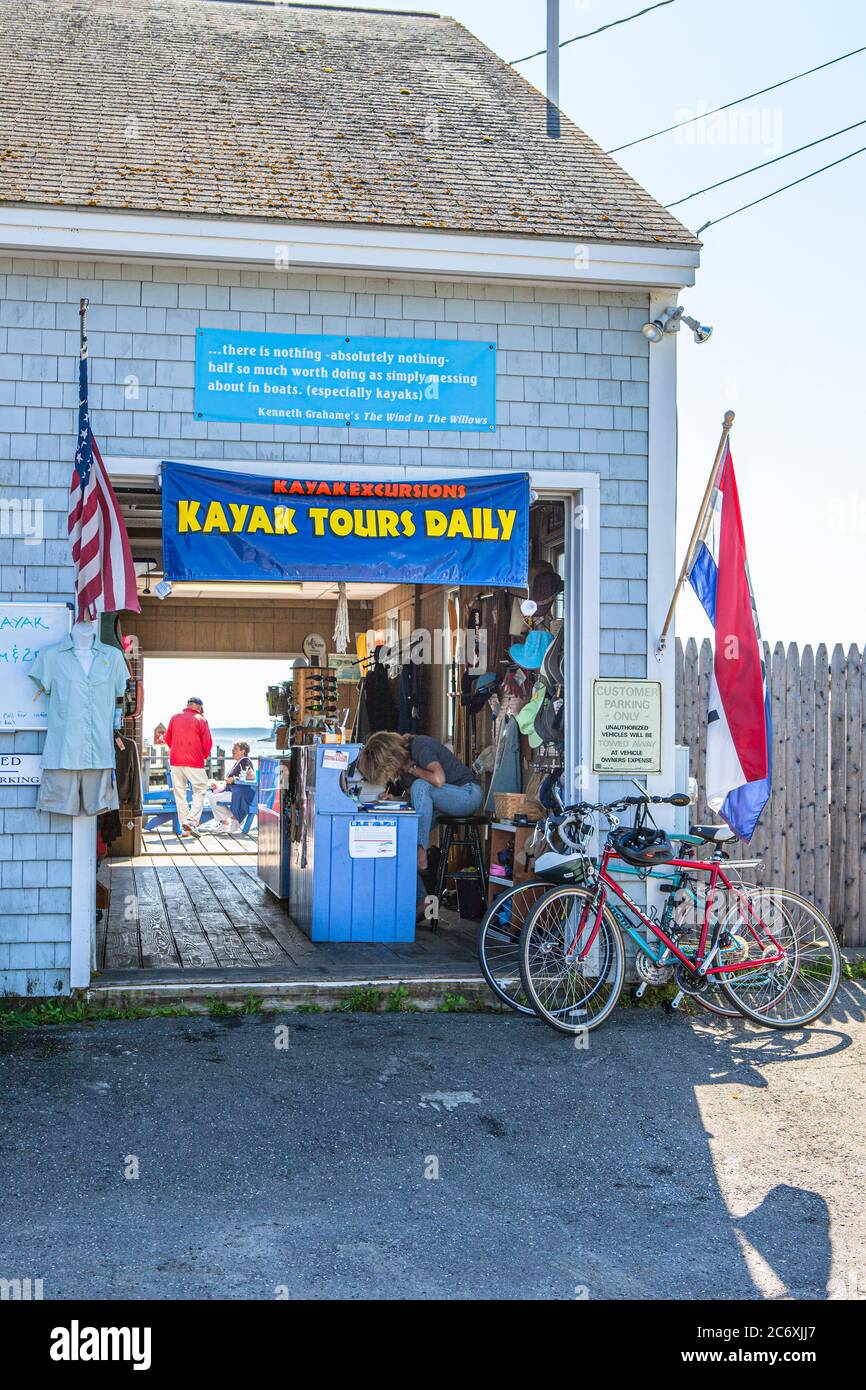 Un business di noleggio biciclette vicino al porto di Port Clyde, Maine Foto Stock