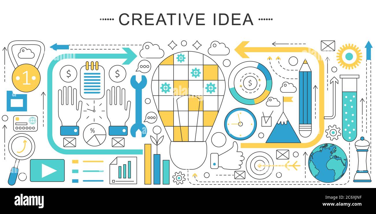 Vector linea moderna piano idea creativa concetto di vendita. Creative idea icone intestazione sito web, app design poster banner Illustrazione Vettoriale Vector linea moderna piano idea creativa concetto di vendita. Creative idea icone intestazione sito web, app design poster banner Illustrazione Vettoriale