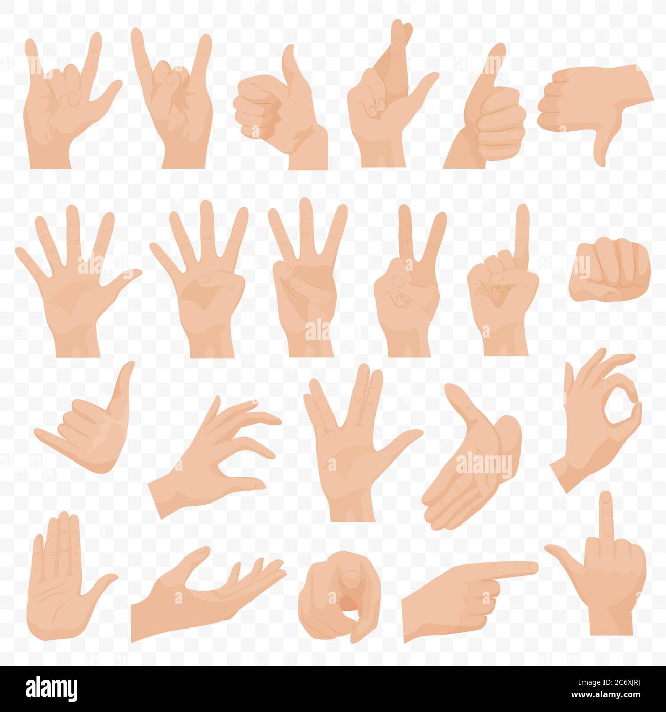 Set di icone e simboli realistici per le mani umane. Icone delle mani emoji. Gesti, mani, segnali e segni diversi, emotività illustrazione vettoriale Illustrazione Vettoriale