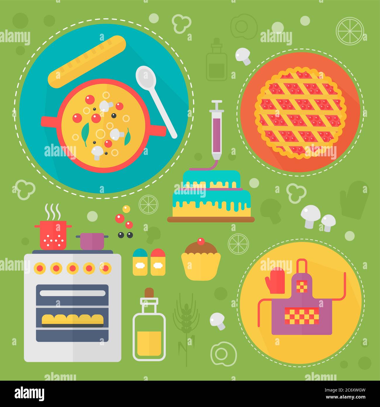 Cucina moderna, amando il concetto piatto. Strumenti di cucina e cucina infografica alimentare design, web elementi, poster banner Illustrazione Vettoriale