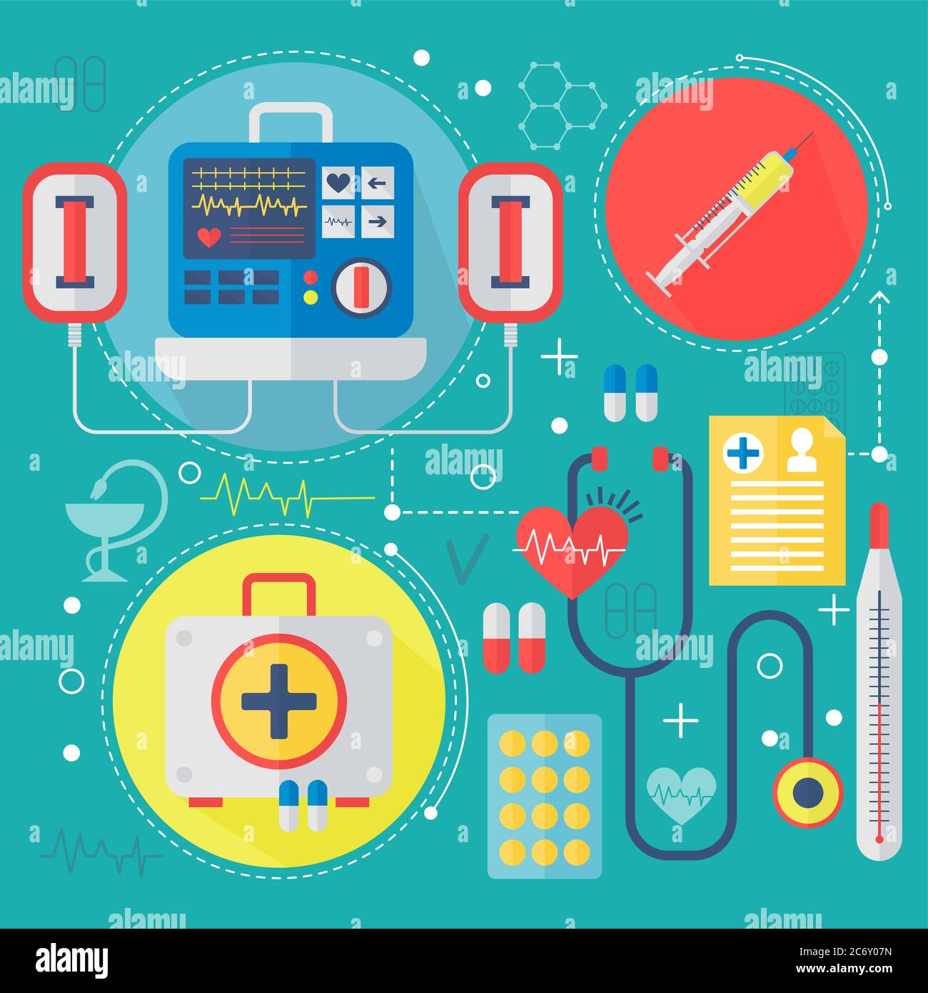 Medicina moderna e servizi sanitari concetto piatto. Tecnologia medica farmacia diagnostica infografica progettazione, web elementi, poster banner Illustrazione Vettoriale