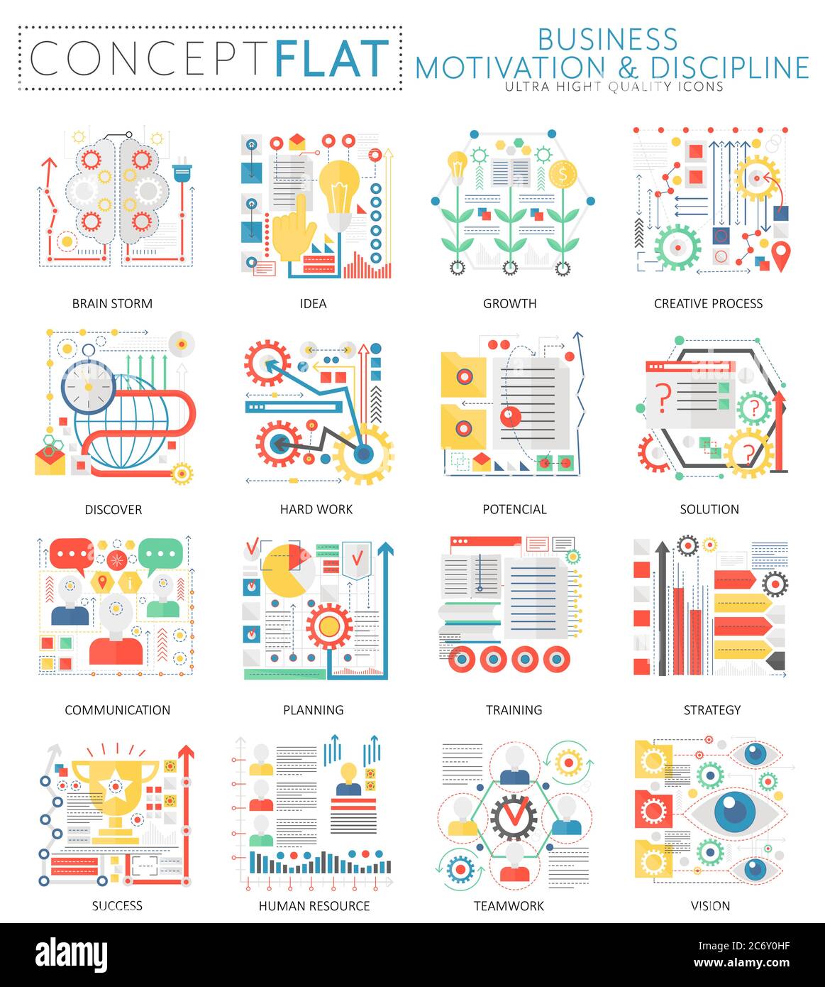 Infografiche mini concept icone di motivazione aziendale per il web. Elementi delle icone grafiche Web concettuali dal design piatto a colori di qualità superiore. Concetti di disciplina della motivazione aziendale Illustrazione Vettoriale