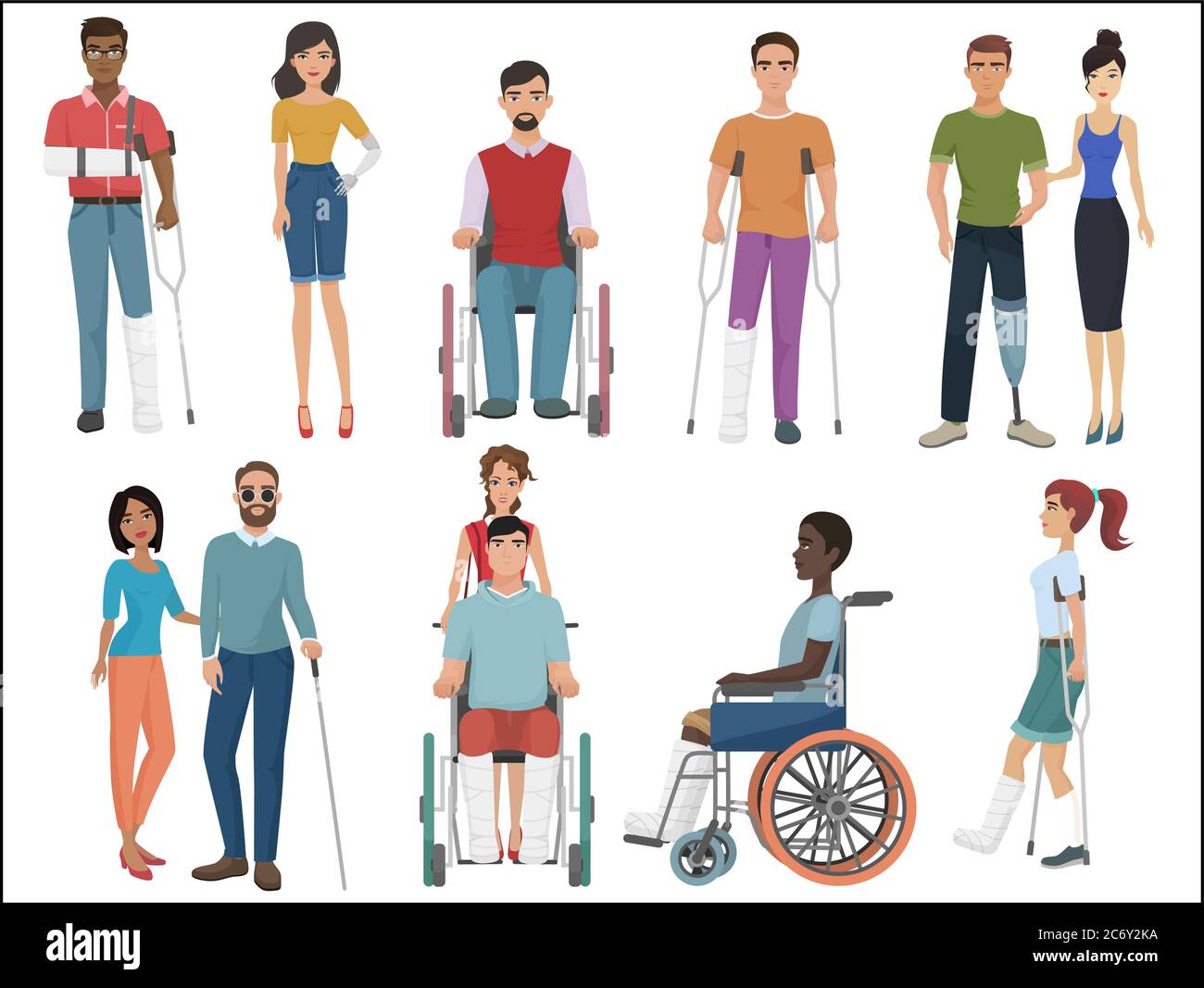 Persone disabili con amici che li aiutano a impostare. Illustrazione vettoriale Illustrazione Vettoriale