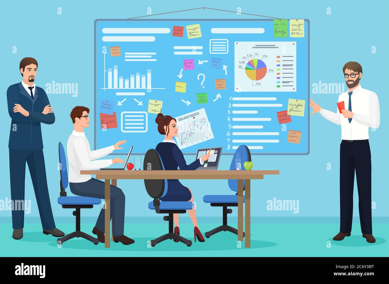 Concetto del centro di lavoro. Incontro di presentazione aziendale. Persone che parlano e lavorano insieme nell'ufficio open space. Illustrazione vettoriale Illustrazione Vettoriale