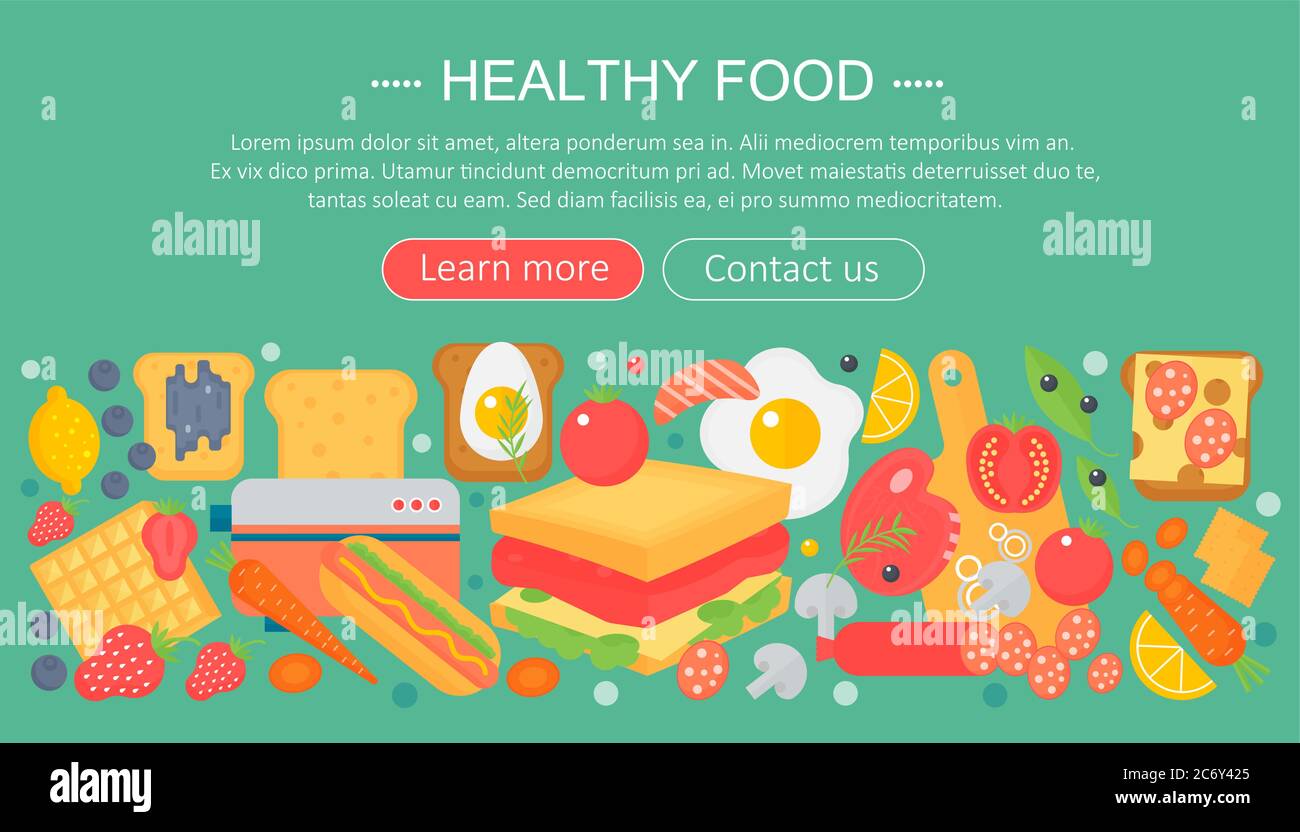 Collezione di cucina, disegno di modello di infografiche di cibo sano, elementi di intestazione di fotoricettore, banner di manifesto. Illustrazione di Food Vector Illustrazione Vettoriale