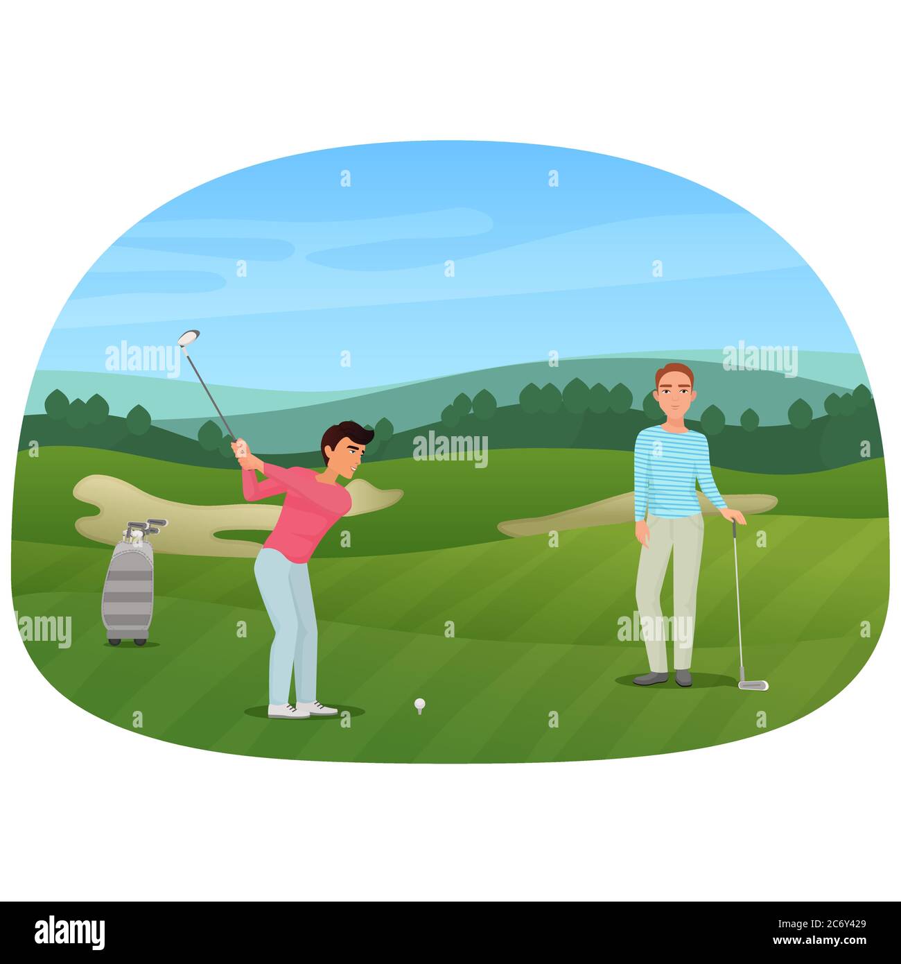 Una persona che fa un colpo che gioca il golf mentre il suo amico aspetta Illustrazione Vettoriale