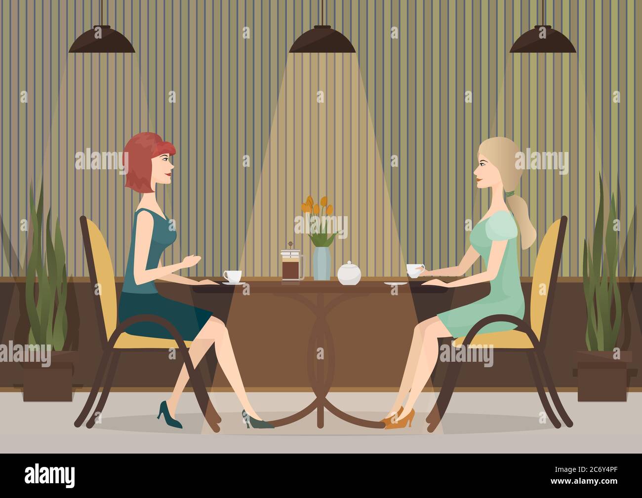 Due giovani donne bevono caffè nel ristorante caffetteria. Le ragazze della signora pranzano insieme Illustrazione Vettoriale