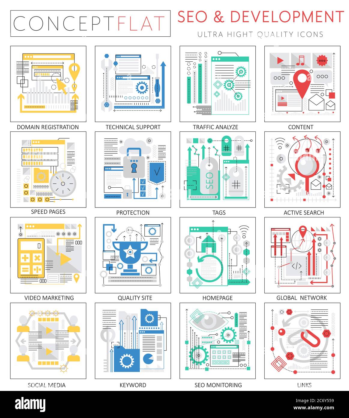 Infografiche mini concept SEO e icone di sviluppo per il web. Elementi delle icone grafiche Web di qualità superiore. SEO e concetti di sviluppo. Illustrazione Vettoriale