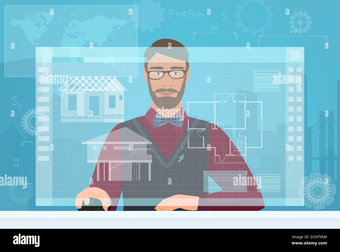 Architetto costruttore uomo che lavora utilizzando l'interfaccia multimediale virtuale. Tecnico che lavora con il disegno virtuale dello schermo del piano di costruzione Illustrazione Vettoriale