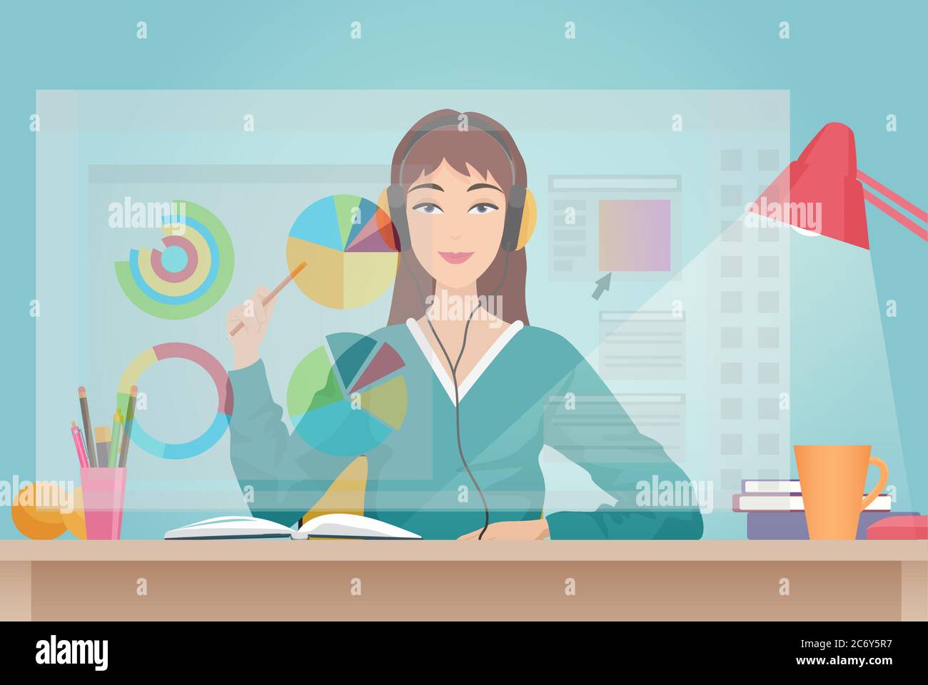 Giovane bella donna seduta di fronte futuristico schermo virtuale con barre grafiche infografiche elementi interfaccia. Visualizza dalla schermata Illustrazione Vettoriale