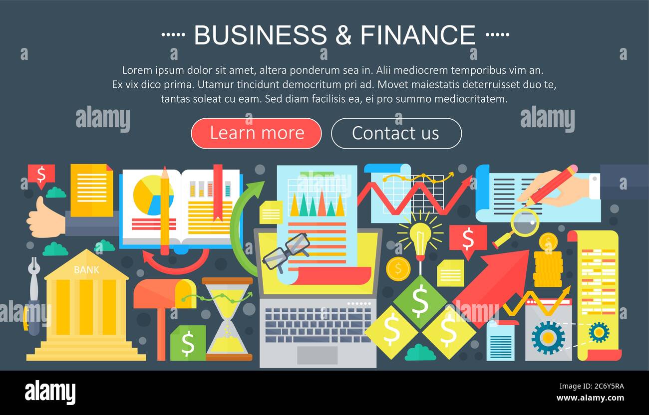 Concetto di icone piatte per il business e la finanza. Design dei modelli di infografiche aziendali, elementi Web, banner poster, illustrazione vettoriale Illustrazione Vettoriale