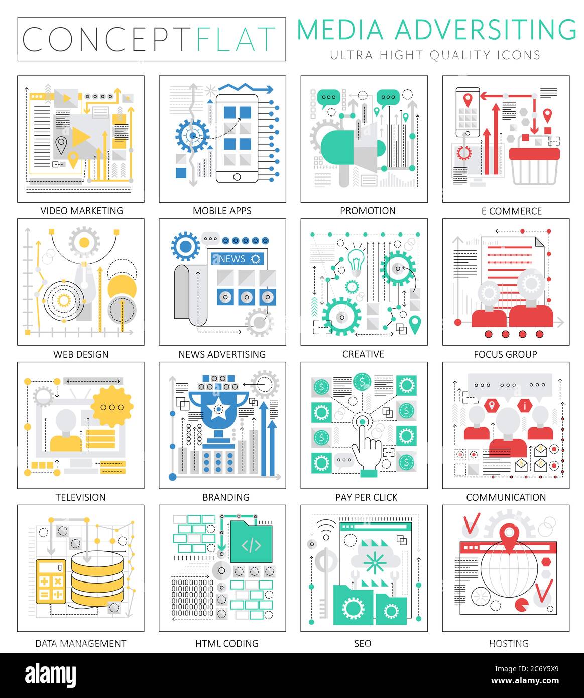Infografiche mini concept Media pubblicità icone per il web. Elementi delle icone grafiche Web di qualità superiore. Concetti di tecnologia di pubblicità dei media Illustrazione Vettoriale