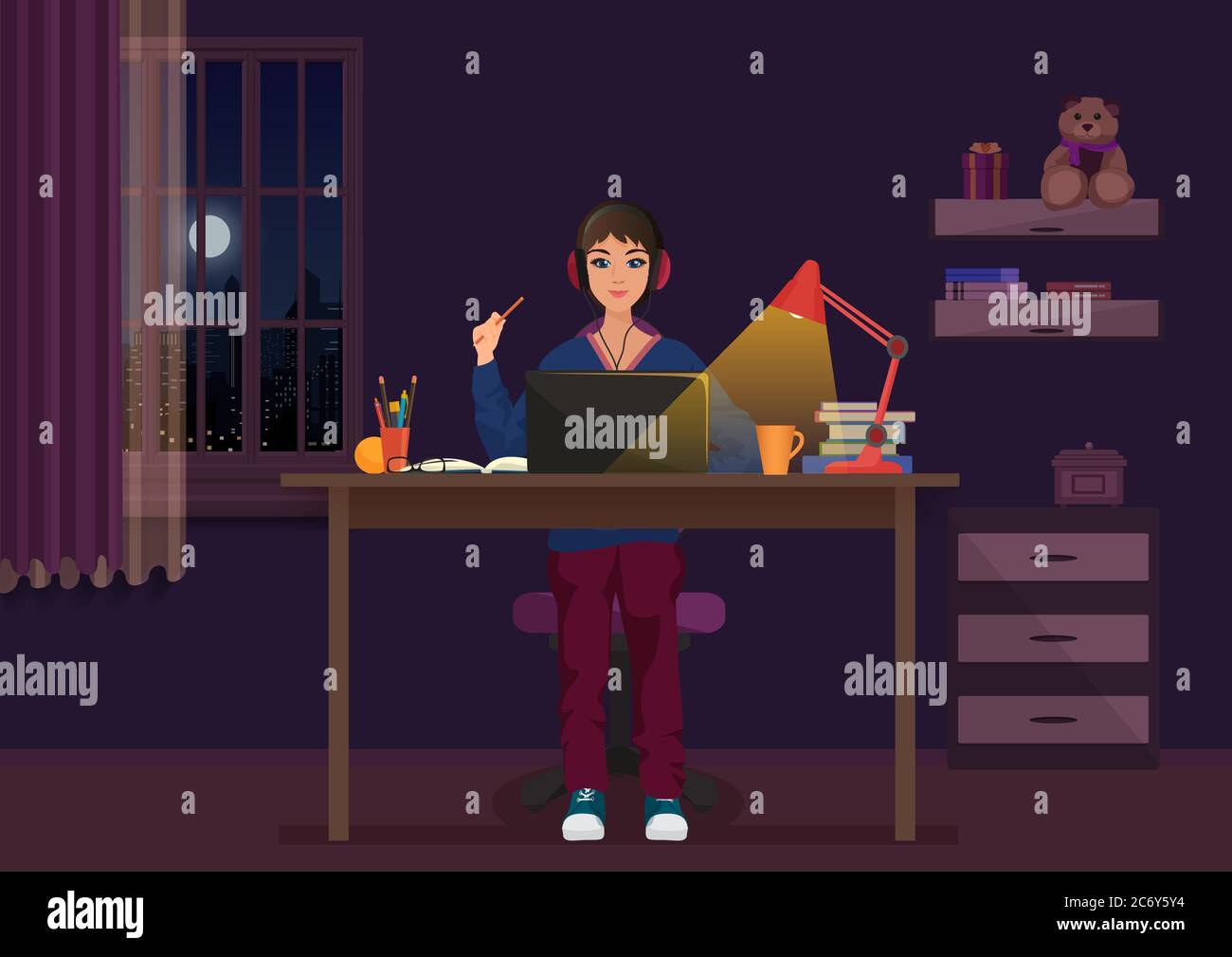 Una ragazza seduta al laptop e che lavora di notte a casa illustrazione vettoriale Illustrazione Vettoriale