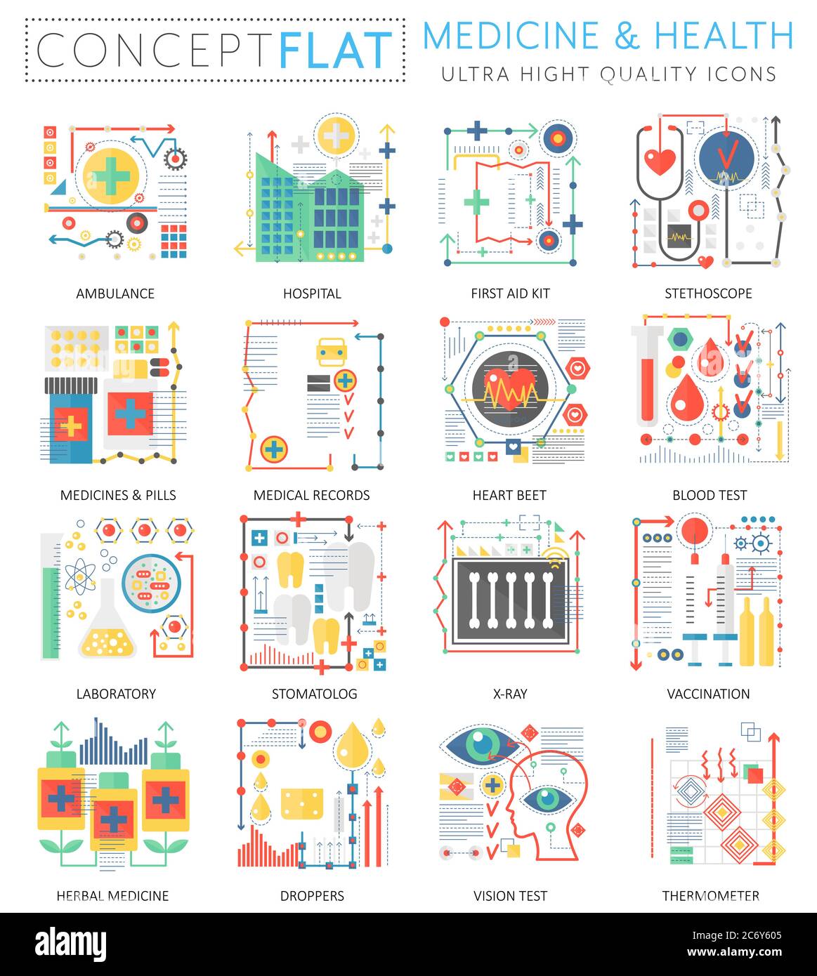 Infografiche mini concetto Medicina e salute icone per il web. Elementi delle icone grafiche Web concettuali dal design piatto a colori di qualità superiore. Concetti di salute della medicina Illustrazione Vettoriale