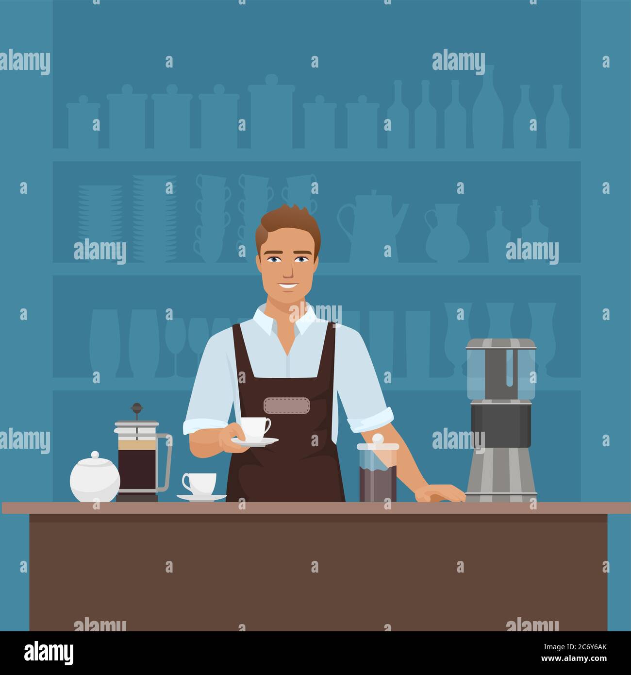 Un giovane barista sorridente che prepara caffè con macchina da caffè vettore in bar ristorante Illustrazione Vettoriale