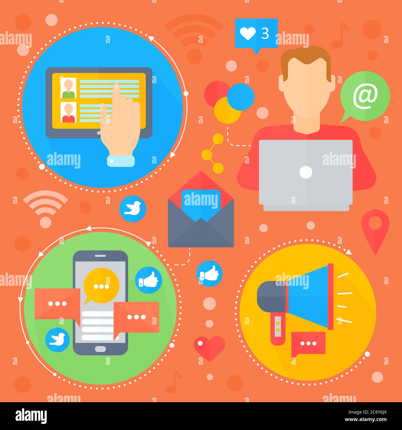 Progettazione di concetto flat di social network e social media. Icone dei supporti in cerchi. Design del banner del modello di infografica del marketing digitale. Illustrazione vettoriale Illustrazione Vettoriale
