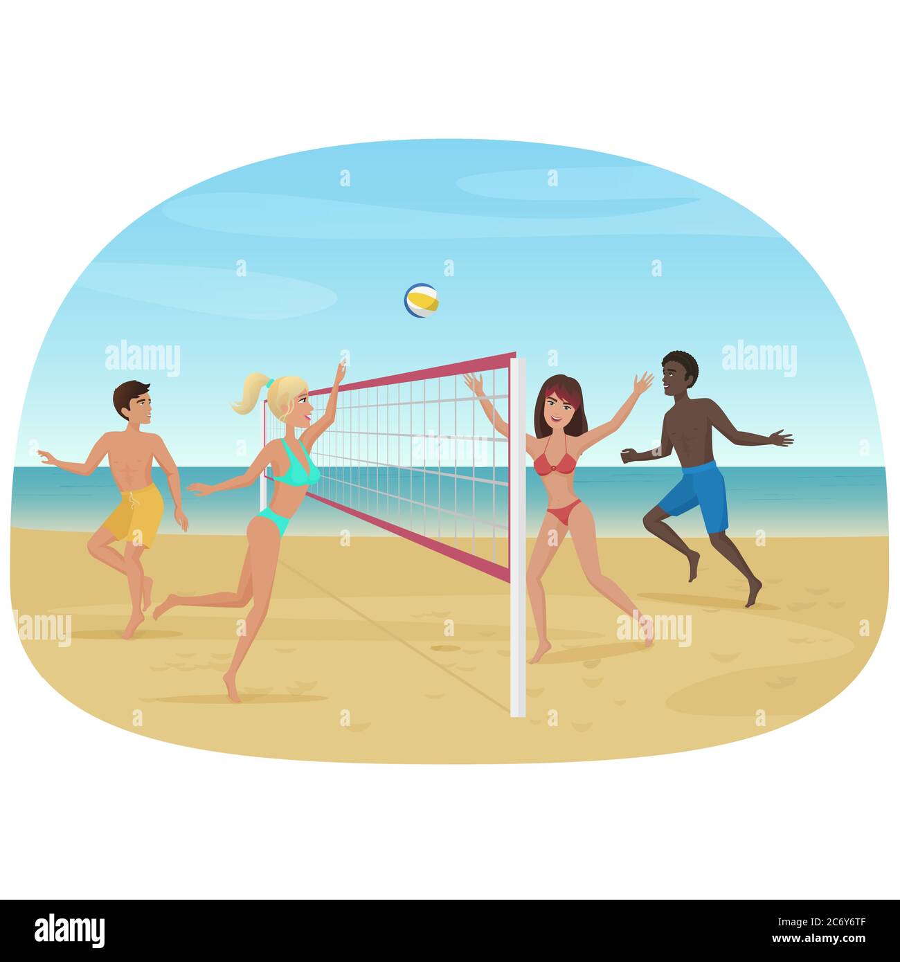 Persone che si divertono a giocare a pallavolo sulla spiaggia vettore illustrazione Illustrazione Vettoriale