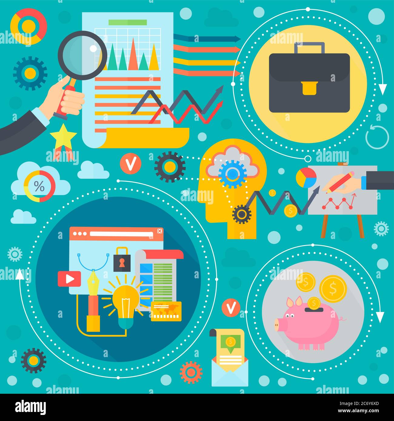 Business e finanza concetto flat. Icone dei modelli di infografiche aziendali in design circolare, elementi Web, banner poster, illustrazione vettoriale Illustrazione Vettoriale