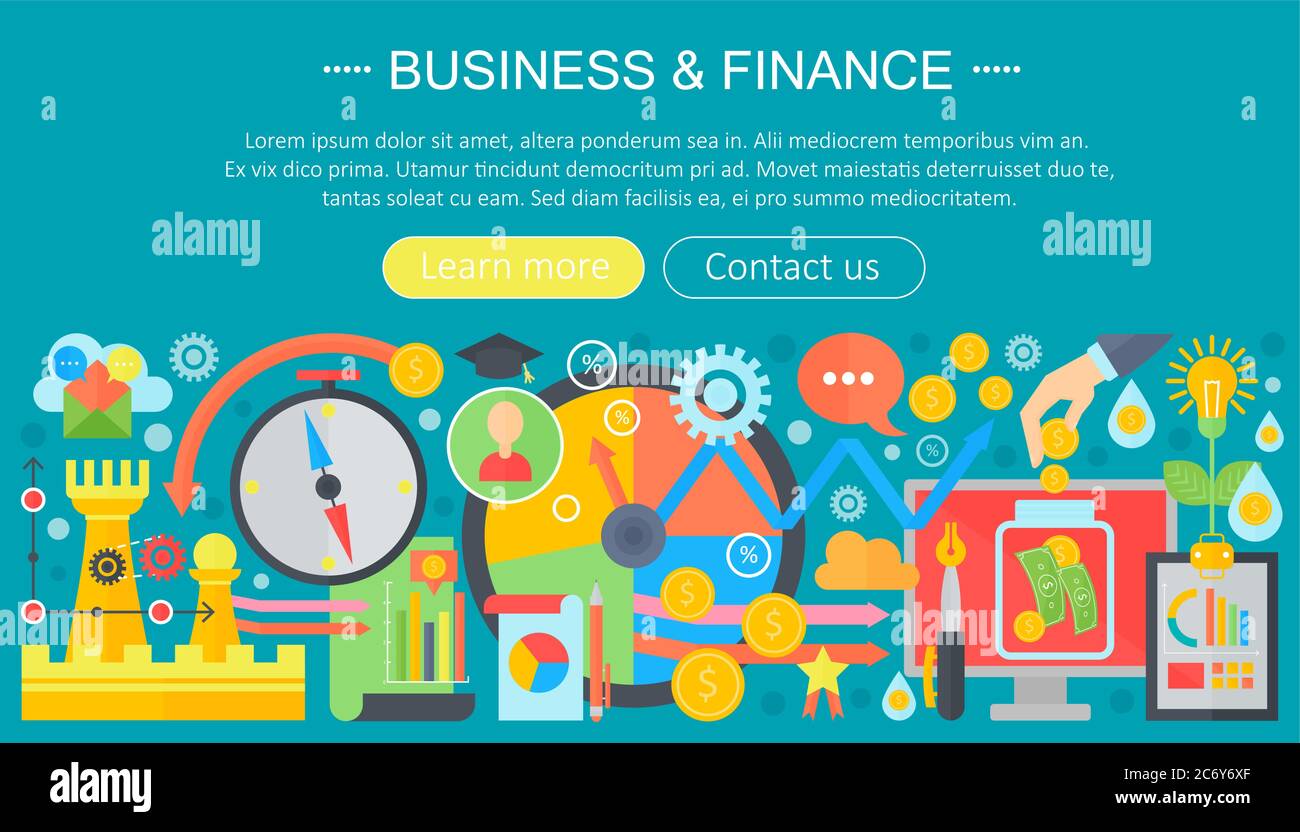 Business e finanza banking flat icone concetto. Design dei modelli di infografiche aziendali, elementi Web, banner poster, illustrazione vettoriale Illustrazione Vettoriale