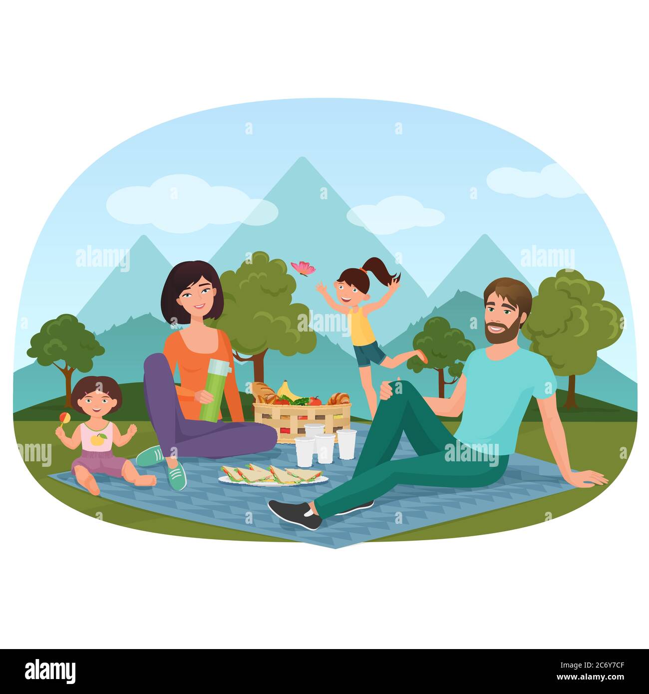 Genitori e bambini che hanno un picnic all'esterno vicino alle montagne illustrazione vettoriale Illustrazione Vettoriale