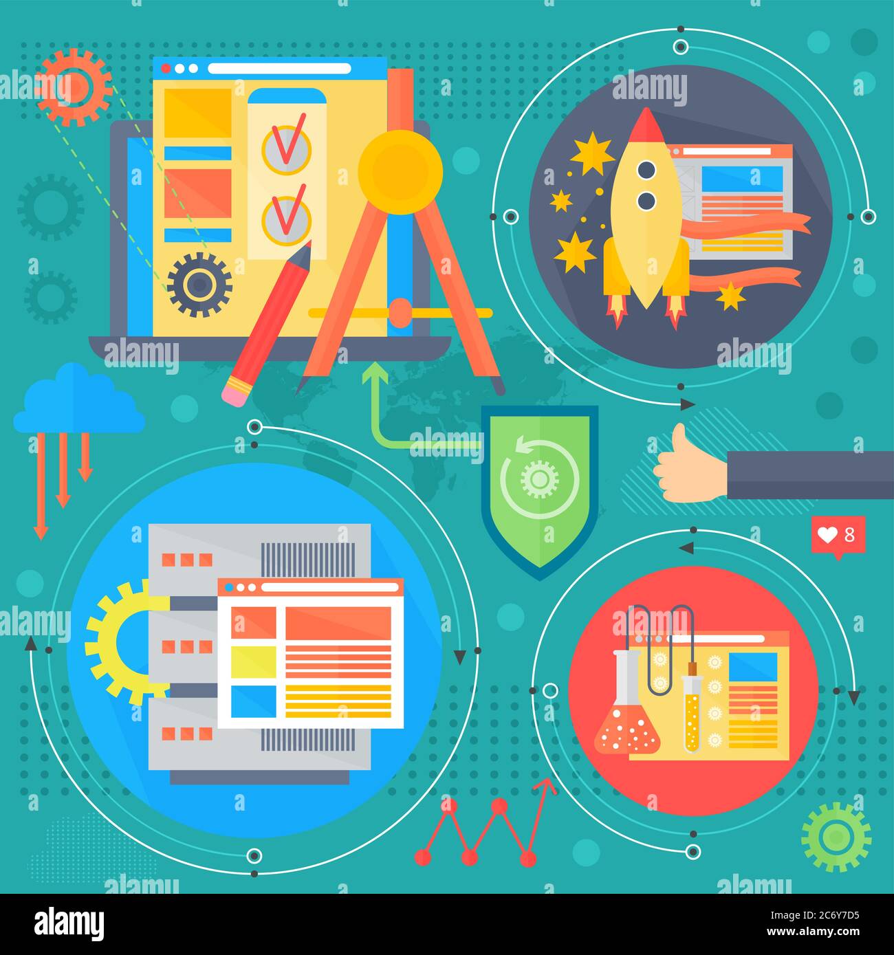 SEO e sviluppo concept design infografiche icone modello in cerchi design, seo ottimizzazione elementi web, poster banner vettore illustrazione Illustrazione Vettoriale SEO e sviluppo concept design infografiche icone modello in cerchi design, seo ottimizzazione elementi web, poster banner vettore illustrazione Illustrazione Vettoriale