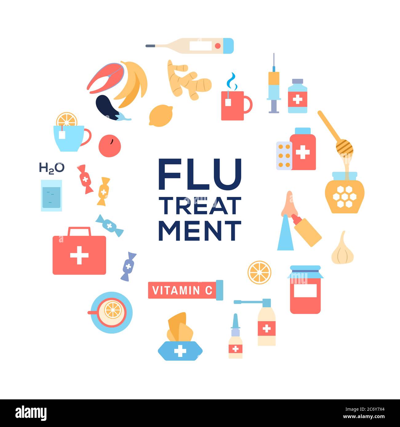 Concetto di trattamenti di influenza fredda. Cerchio cornice acqua potabile tosse salviette disinfettanti dolci, medicina, farmaci, rimedi naturali irrigazione nasale, vitamina C. Illustrazione Vettoriale