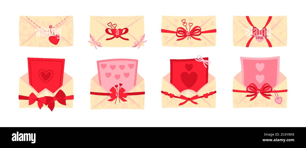 Busta per le feste, set piatto per cartoline. Buste per San Valentino o per matrimoni per lettere, archi decorati. Coperchio della posta aperto e chiuso. Newsletter Cartoon, consegna di invito. Illustrazione vettoriale isolata Illustrazione Vettoriale