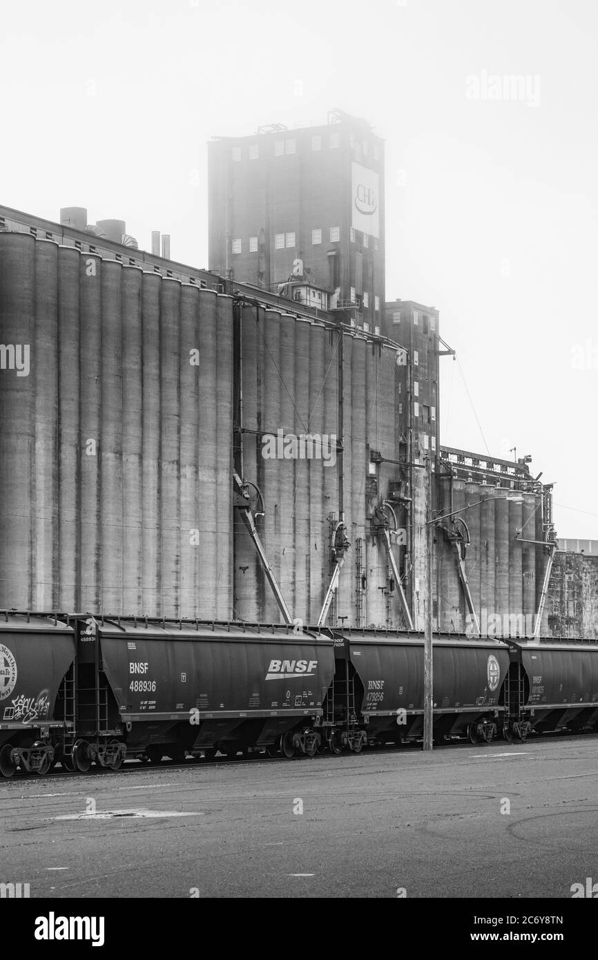 Silos di grano e treni BNSF sul lungomare di Superior, Wisconsin, USA [senza rilascio di proprietà; disponibile solo per licenze editoriali] Foto Stock