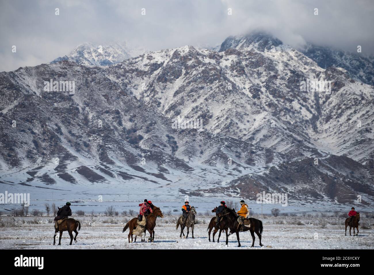 Scene di un villaggio Kok Boru match nel Chuy Oblast di Kirghizistan vicino capitale Bishkek. Foto Stock