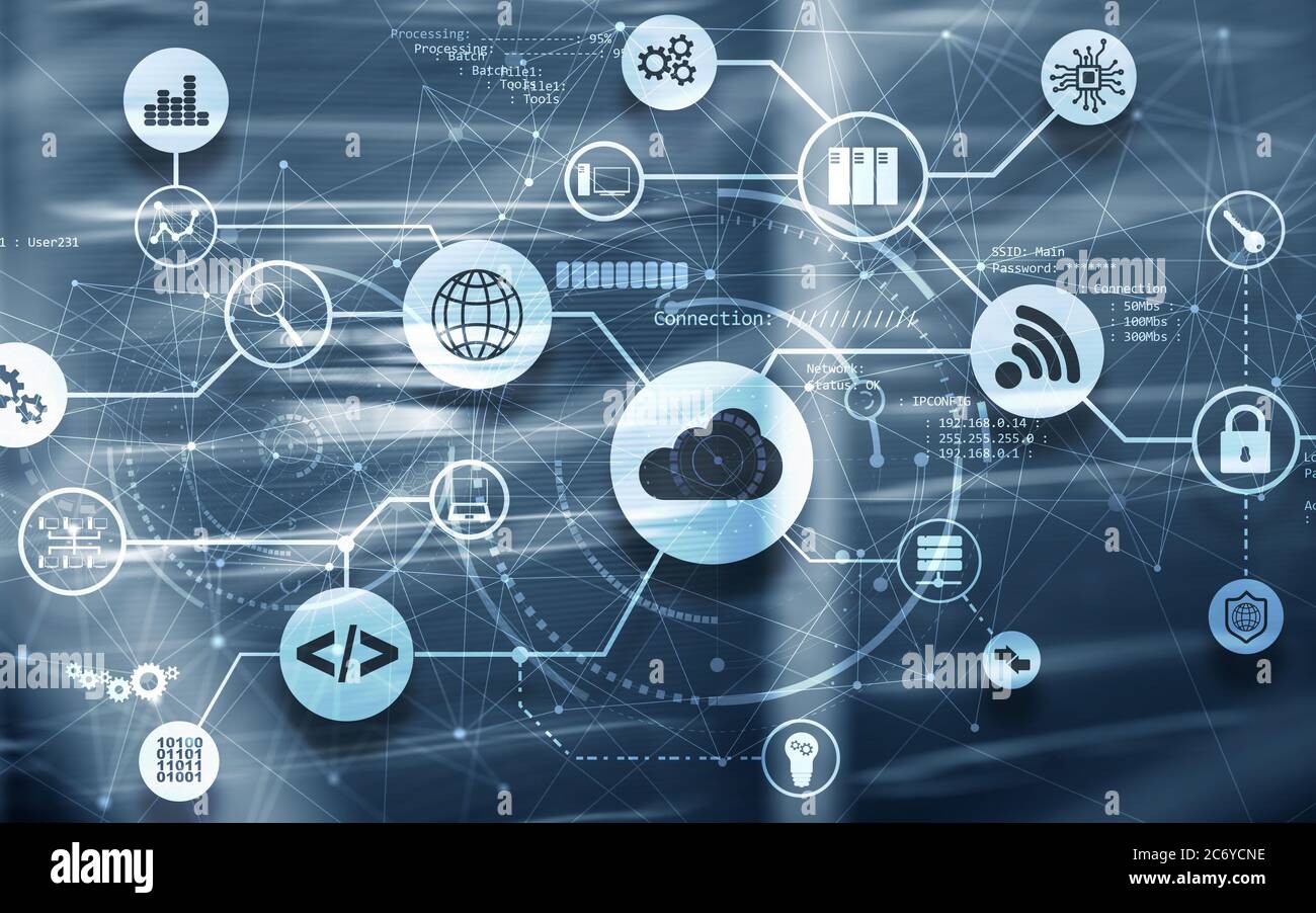 Progetto di illustrazione della rete di connessione. Grafica su Virtual Screen Data Center. Cloud computing. Foto Stock