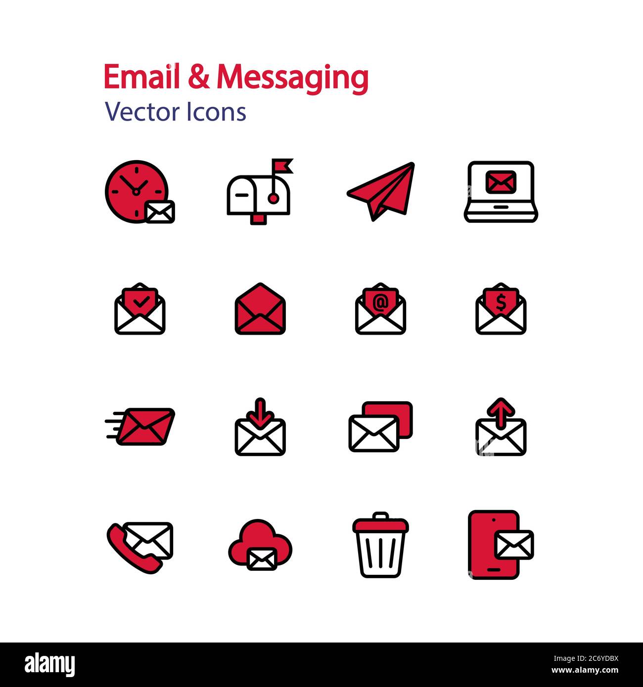 Set di messaggi e-mail con icona piatta. Social media, chat, app Messenger, smartphone, newsletter, spam, casella di posta, rubrica. Vettore su isolato Illustrazione Vettoriale