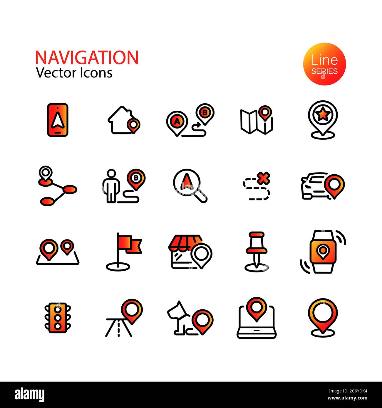 Set di icone di navigazione lineare. Posizione mappa, pin, destinazione, GPS, telefono cellulare, indicatore di distanza, semaforo. Vettore su bianco isolato Illustrazione Vettoriale