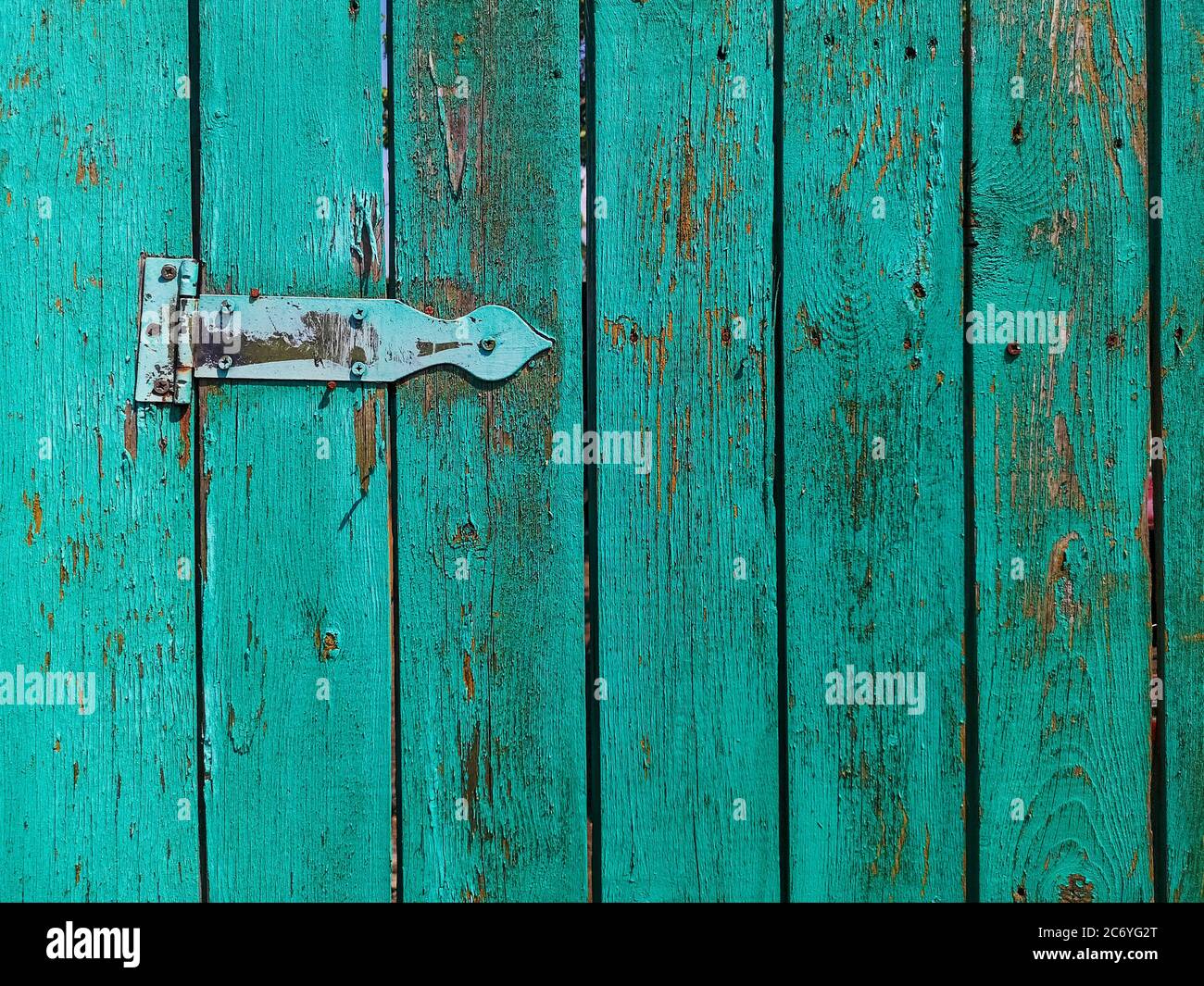 Vecchia cerniera arrugginita su una porta con recinzione in legno. Foto Stock