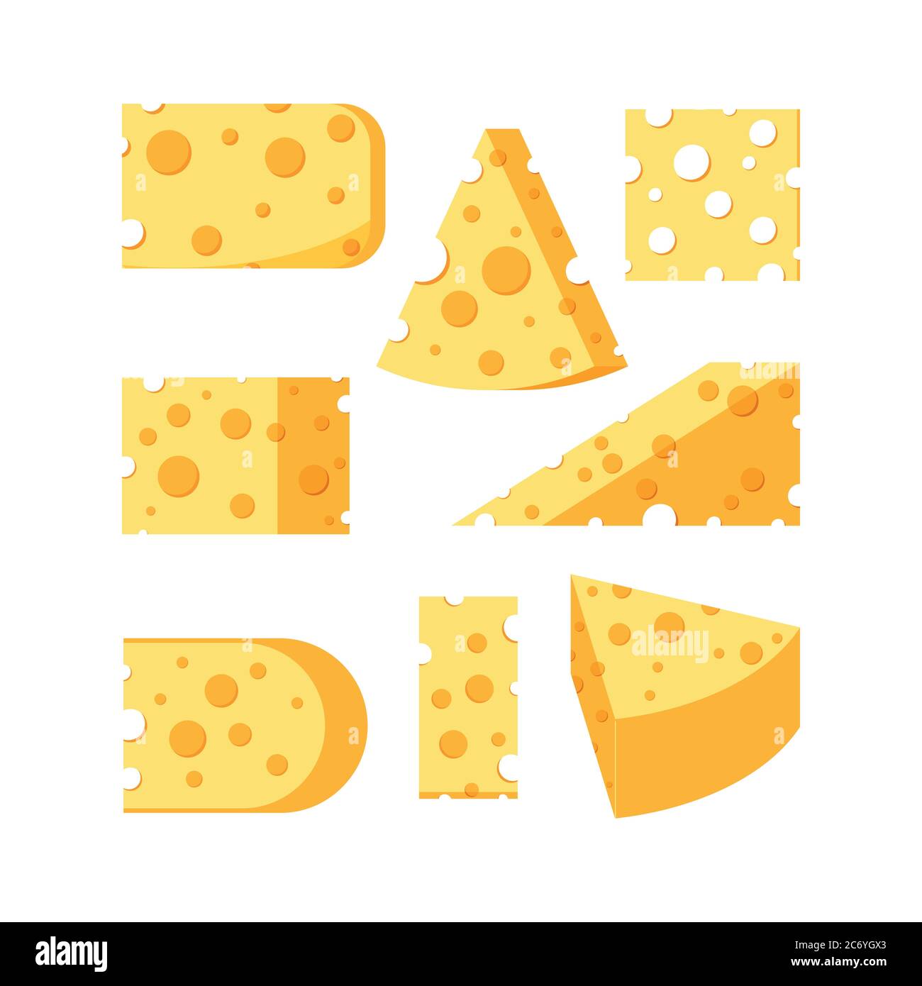 Formaggio con foro varie forme fette vettore set isolato su sfondo bianco. Illustrazione Vettoriale