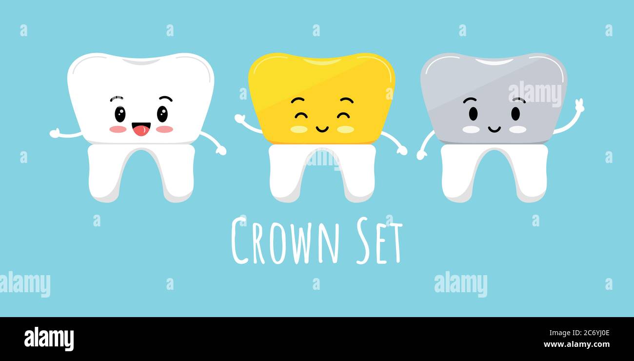 Carino dente con corona dentale emoji set di caratteri. Illustrazione Vettoriale