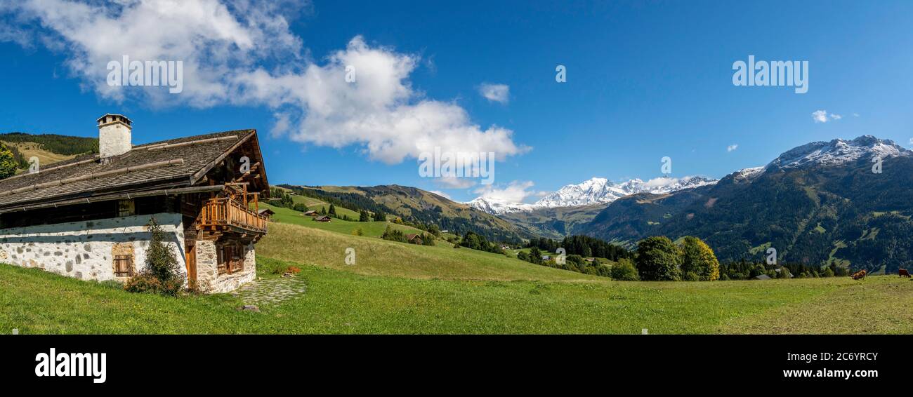 Chalet e Massif del Monte Bianco, Savoia, Auvergne-Rodano-Alpi, Francia Foto Stock