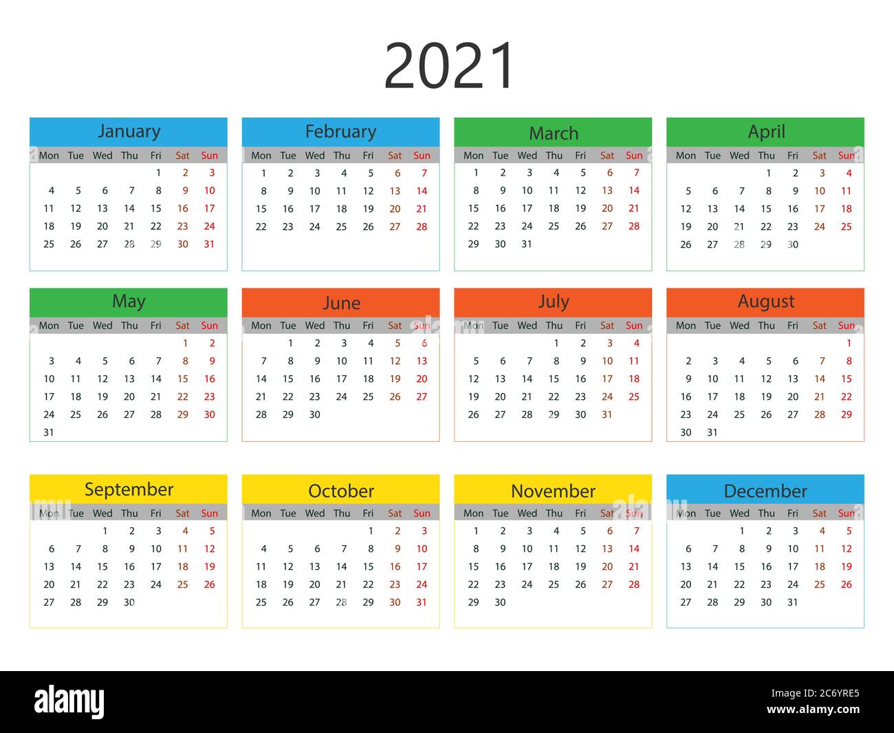 Calendario 2021, la settimana inizia lunedì. Illustrazione vettoriale, design piatto. Illustrazione Vettoriale