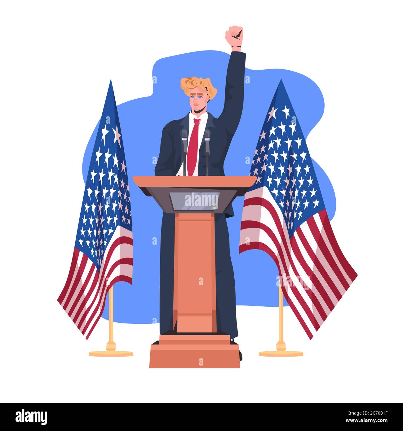 uomo politico che fa discorso da tribune con bandiera degli stati uniti 4 luglio americano giorno di indipendenza celebrazione concetto piena lunghezza vettore illustrazione Illustrazione Vettoriale