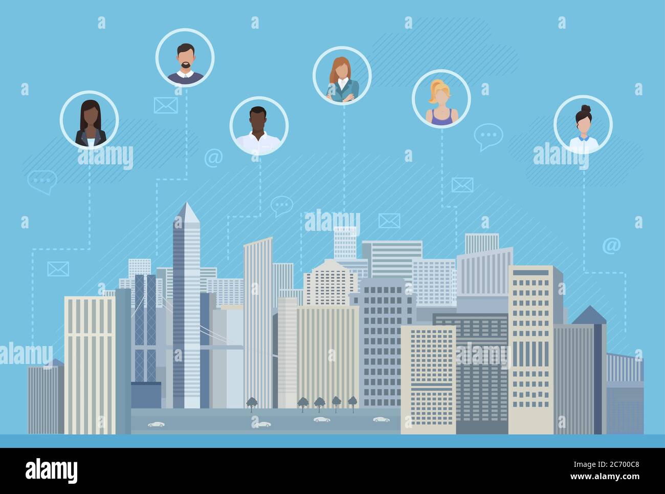 Le persone in cerchi della città che comunicano illustrazione vettoriale. Social media e social network Illustrazione Vettoriale