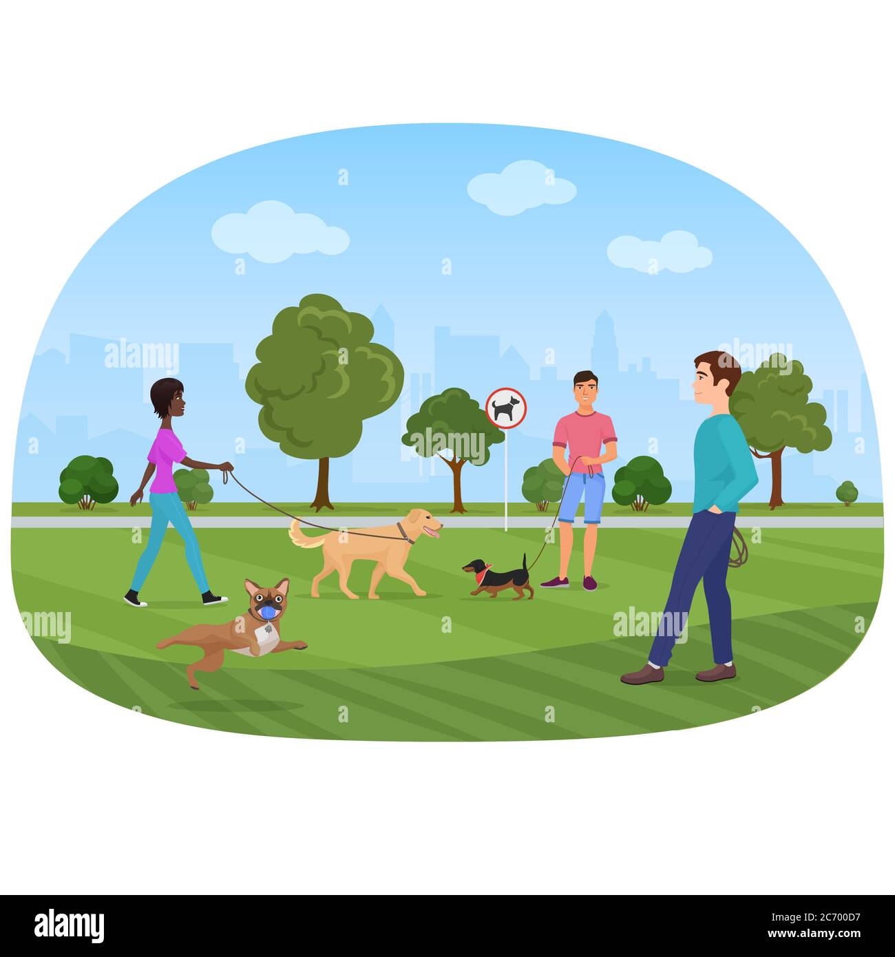 Illustrazione vettoriale delle persone che camminano con i cani nel parco. Persone amanti del cane, negozi di cani Illustrazione Vettoriale
